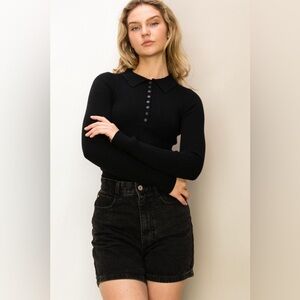 Ribbed Collared Button Front Long Sleeve Top